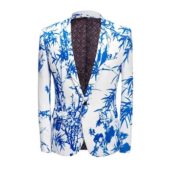 Мужской небесно-голубой бамбуковый костюм с принтом, китайский стиль, пальто, модный тренд, смокинг, приталенный крой, свадебное платье, деловая повседневная куртка