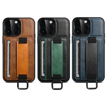 Для iPhone 15 14 13 12 11 Pro Max Роскошный кожаный кошелек в стиле ретро Слот для карты Задний чехол для Mini XS XR Крышка подставки с ремешком на запястье