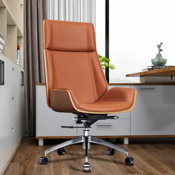[Флэш-распродажа]Офисный стул из натуральной кожи с высотой спинки Middle Century Подъемный поворотный стул для босса[US-W]