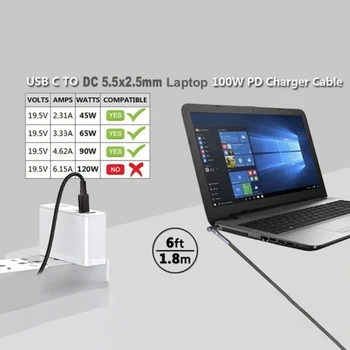 Ноутбук TypeC toDC Штепсельный кабель DC5,5x2,5 мм на USB C Кабель 100 Вт Быстрая зарядка Блок питания для настенного ноутбука usbC