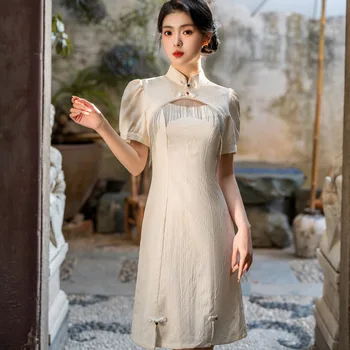 Элегантный мандариновый воротник жаккардовый Ципао Ципао с коротким рукавом Cheongsam Китайское полое женское платье с кисточками