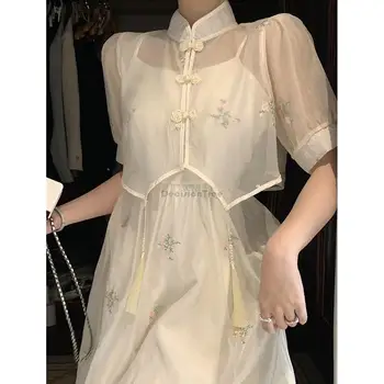 2023 Новый китайский стиль ретро улучшенное платье Cheongsam Элегантный модный марлевый топ с коротким рукавом Свободное платье с принтом Набор из двух частей