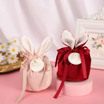 Joy Sugar Bag Rabbit Ear Velvet Bag Ювелирные изделия Свадебные конфеты Коробки с жемчужной нитью Декор Favors Сумки Candy Портативная тканевая сумка