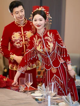 Китайская пара Винтаж Велюр Тан Костюм Cheongsam Тост Одежда Костюм Дракон Феникс Вышивка Свадебное платье