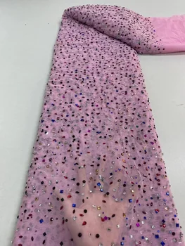 розовый новый дизайн бисерной кружевной ткани 2023 Роскошные бусины Кружевная вышивка Французский нигерийский тюль Кружевная ткань для свадебного шитья