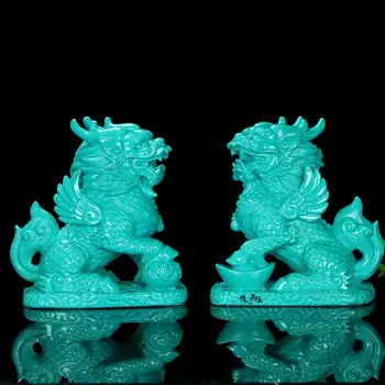 Китайские натуральные бирюзовые изысканные статуи Kylin ручной работы Пара