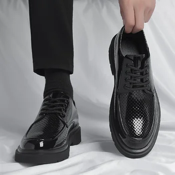 Мужская обувь, блестящая кожаная обувь, мужская повседневная обувь, костюм для молодых мужчин, кожаные туфли, черные кожаные туфли с круглой головой, модная обувь