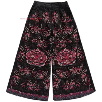 2024 китайские винтажные брюки национальная цветочная вышивка этнические эластичные талия хлопковые льняные брюки восточные широкие брюки
