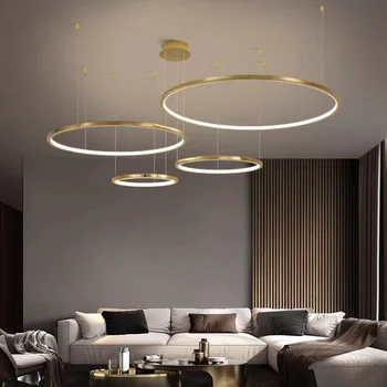 Современная золотая светодиодная люстра для гостиной Кольцевой дизайн Домашние внутренние осветительные приборы Простые круглые подвесные лампы из нержавеющей стали