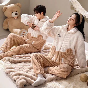 корейские пары коралловый флис пижама кардиган на молнии фланель мужчины и женщины подходящий домашний костюм пижама hombre ropa de dormir