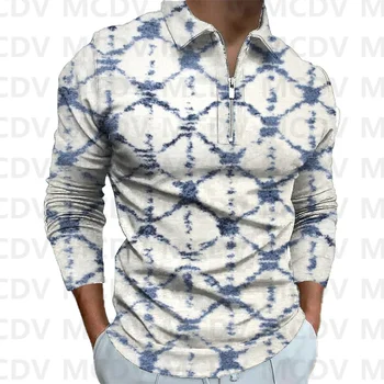 Мужская рубашка-поло с длинным рукавом и молнией Ретро Цветок 3D-печатное поло с длинным рукавом Футболка Осенние повседневные топы