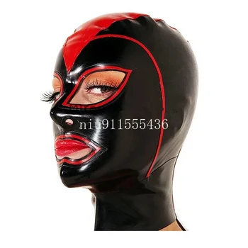  ручной работы Черный фетиш Латексный капюшон Резиновая маска Открытые глаза Губы с красной отделкой для мужчин Женщины
