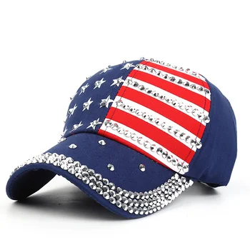Бейсболка для мужчин и женщин США Флаг Bling Горный хрусталь Бренд Snapback Регулируемые рэп-рок-шляпы Темно-синие красные кепки Gorras кепка