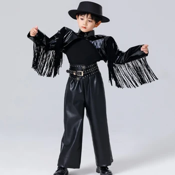 Новая детская одежда Черный набор с кисточками для мальчиков Джаз Современные танцевальные костюмы Мода Хип-хоп Конкурс Уличная танцевальная одежда DQS14921