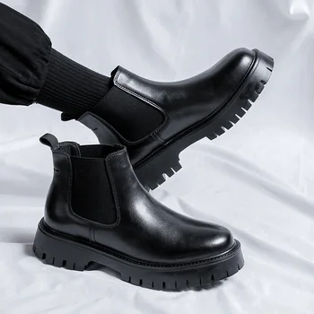большой размер мужские повседневные ботинки на платформе черный натуральная кожаная обувь деловая рабочая обувь весна осень лодыжки челси ботас zapatos