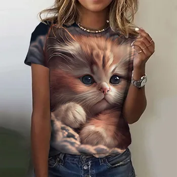 Летние новые женские футболки Забавные 3D футболки с кошачьим принтом Модный стиль девушки Уличный тренд с коротким рукавом Уличный вырез Топы Ежедневный свободный пуловер