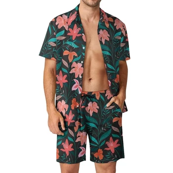 Тропические цветочные комплекты рубашек 3D-печать Мужские повседневные модные рубашки с короткими рукавами Оверсайз Пляжные шорты Гавайские костюмы Летняя одежда