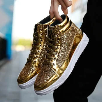 Роскошные высокие кроссовки для мужчин Ботильоны Обувь с золотым блеском Уличная одежда Хип-хоп Мужская повседневная обувь Коренастая мужская спортивная обувь