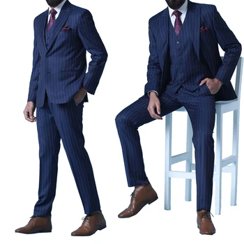темно-синий мужской костюм 3 шт. блейзер жилет брюки однобортный остроконечный лацкан деловой тонкий полосатый свадебный костюм жениха Homme