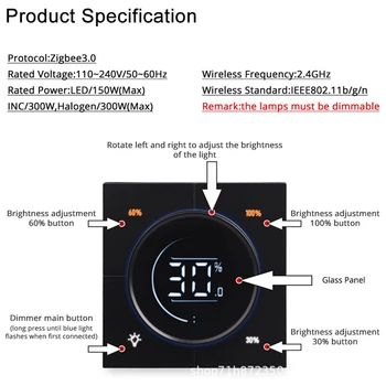 Infinite Knob Регулятор яркости Zigbee 3.0 PC Panel Wall Light Switch 150-300 Вт AC 110-240V Цифровой ЖК-дисплей Yandex