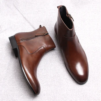 Классические ботильоны из натуральной кожи для мужчин Черные коричневые повседневные ботинки на молнии для мужчин Платье ручной работы Формальные мужские ботинки челси обувь