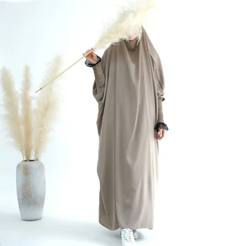 Ид мусульманский длинный химар женский кружево абайя молитвенная одежда кружевной рукав рамадан цельный джильбаб платья исламский макси халат кафтан