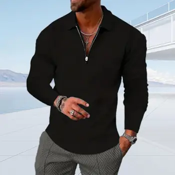 Мужская рубашка приталенного кроя Мягкая дышащая мужская пуловер с V-образным вырезом Стильный дизайн лацкана Slim Fit для деловой повседневной одежды осенью весной