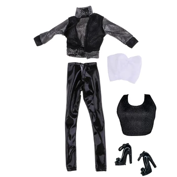 Черная одежда ручной работы из пяти частей с обувью Сетчатое пальто Грудная трубка и брюки для кукол 30 см
