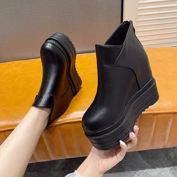 Женские короткие ботинки Корейский стиль Обувь с круглой головой и толстым дном Водонепроницаемые внутренние туфли для увеличения высоты Zapatos Para Mujer