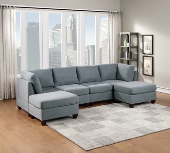  модульный секционный набор 6 шт. Мебель для гостиной U-образный секционный диван Серый лен как ткань 2x угловой клин 2x стулья без подлокотников и 2