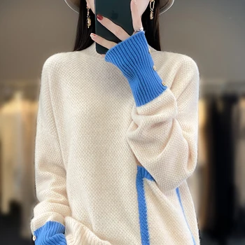 Новый осенне-зимний свитер из 100% кашемира мериноса, женский вязаный пуловер с полуводолазкой и контрастным карманным модным пальто