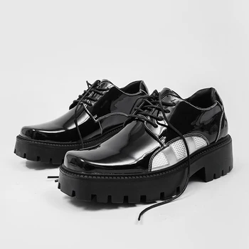 Новая мужская платформа с квадратным носком лакированная кожа повышенная повседневная обувь массивный высокий каблук на шнуровке на шнуровке комфортная дышащая обувь